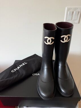 Chanel Black Logo Rain Boots - Signature CC Detail